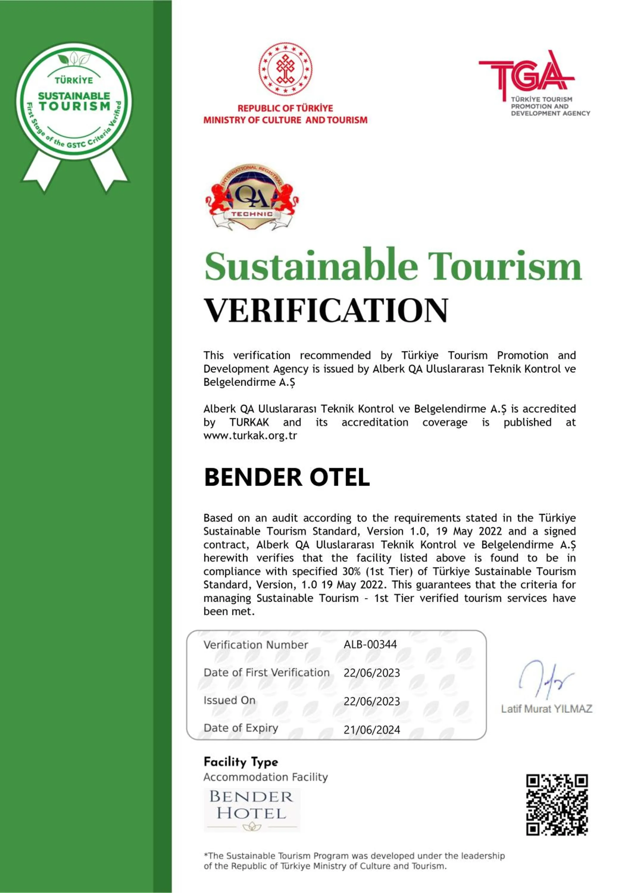 Certificate/Award in Bender Hotel