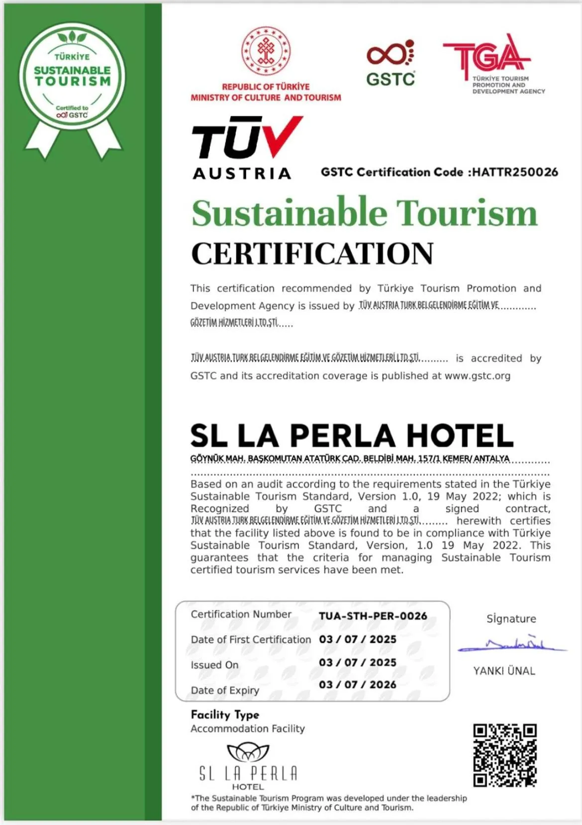 Certificate/Award in SL La Perla Hotel Kemer