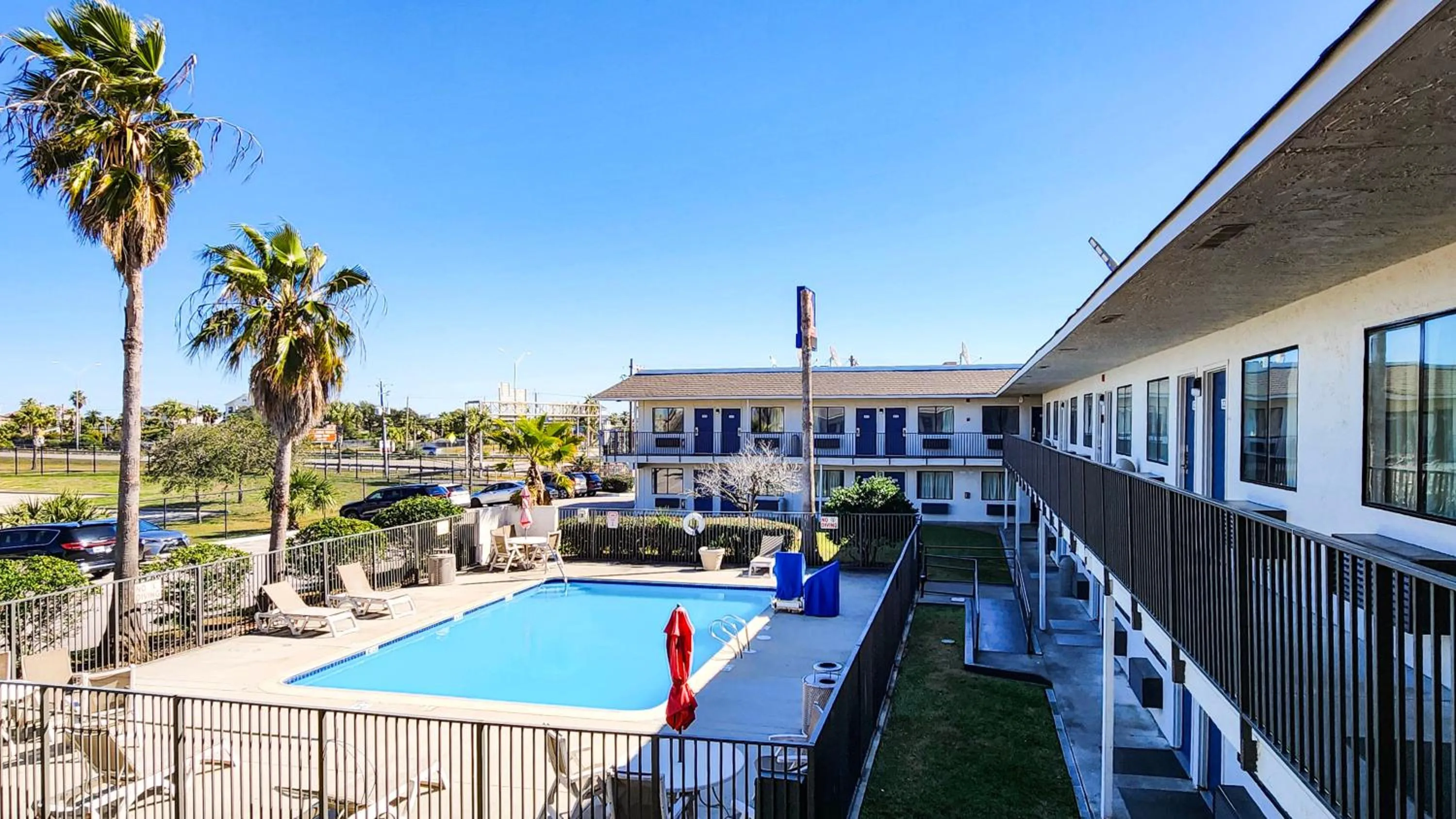 Pool view in Studio 6 Galveston TX