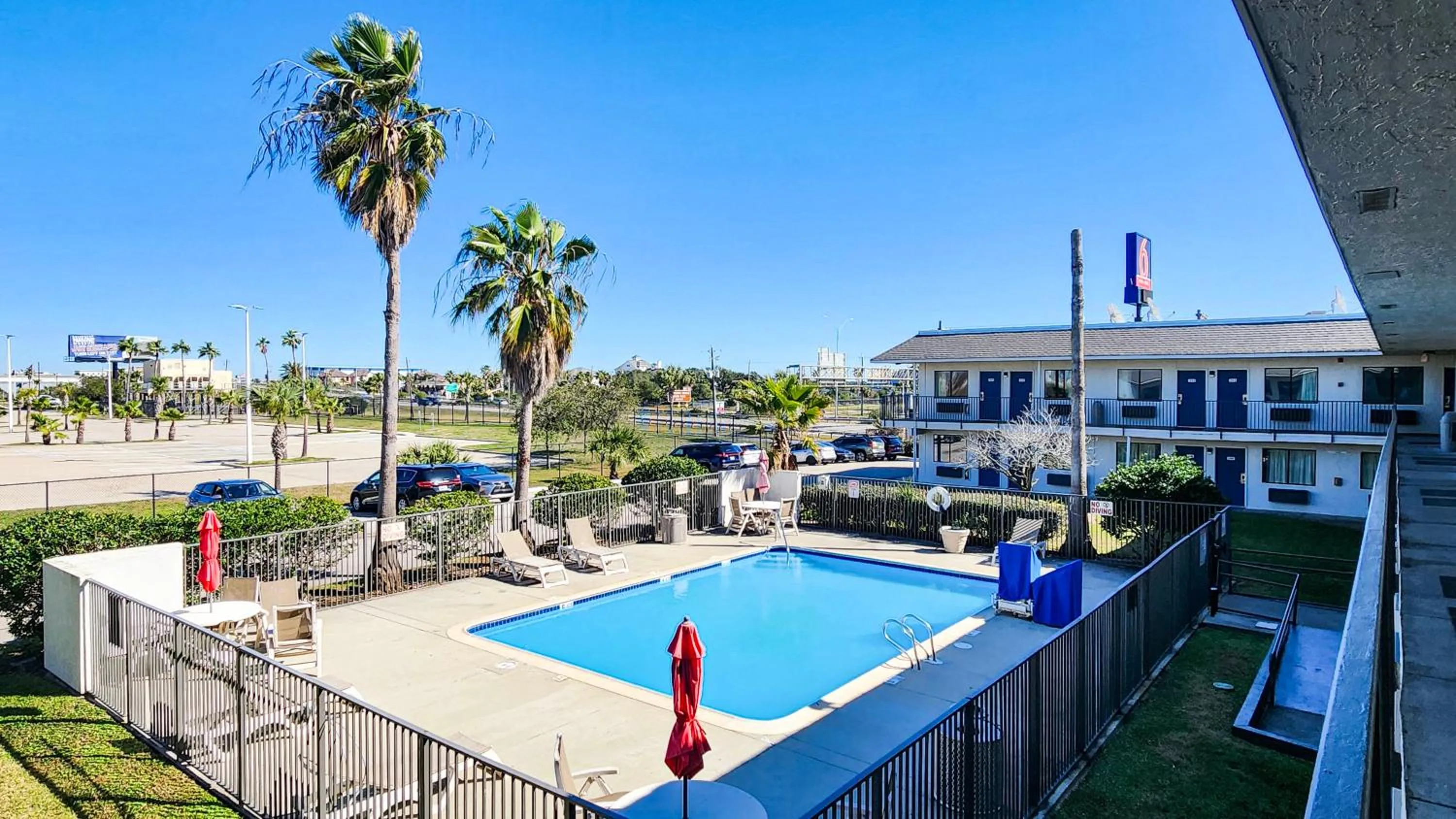 Pool view in Studio 6 Galveston TX