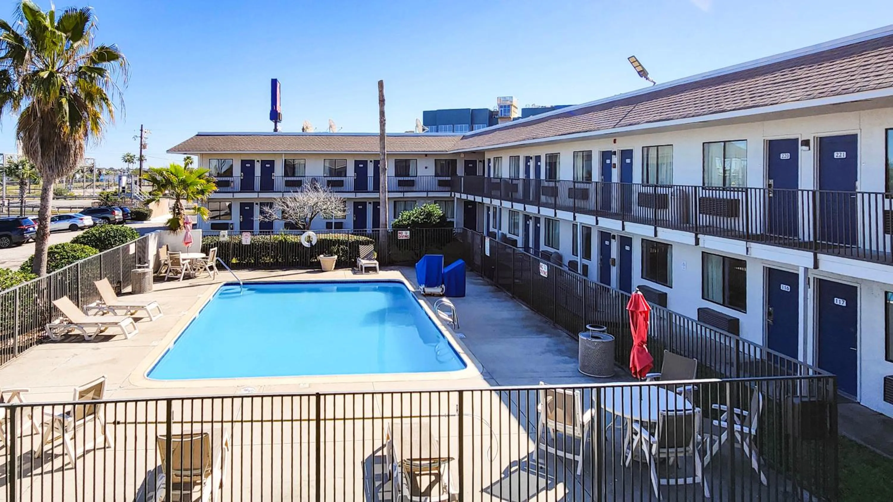 Pool view in Studio 6 Galveston TX